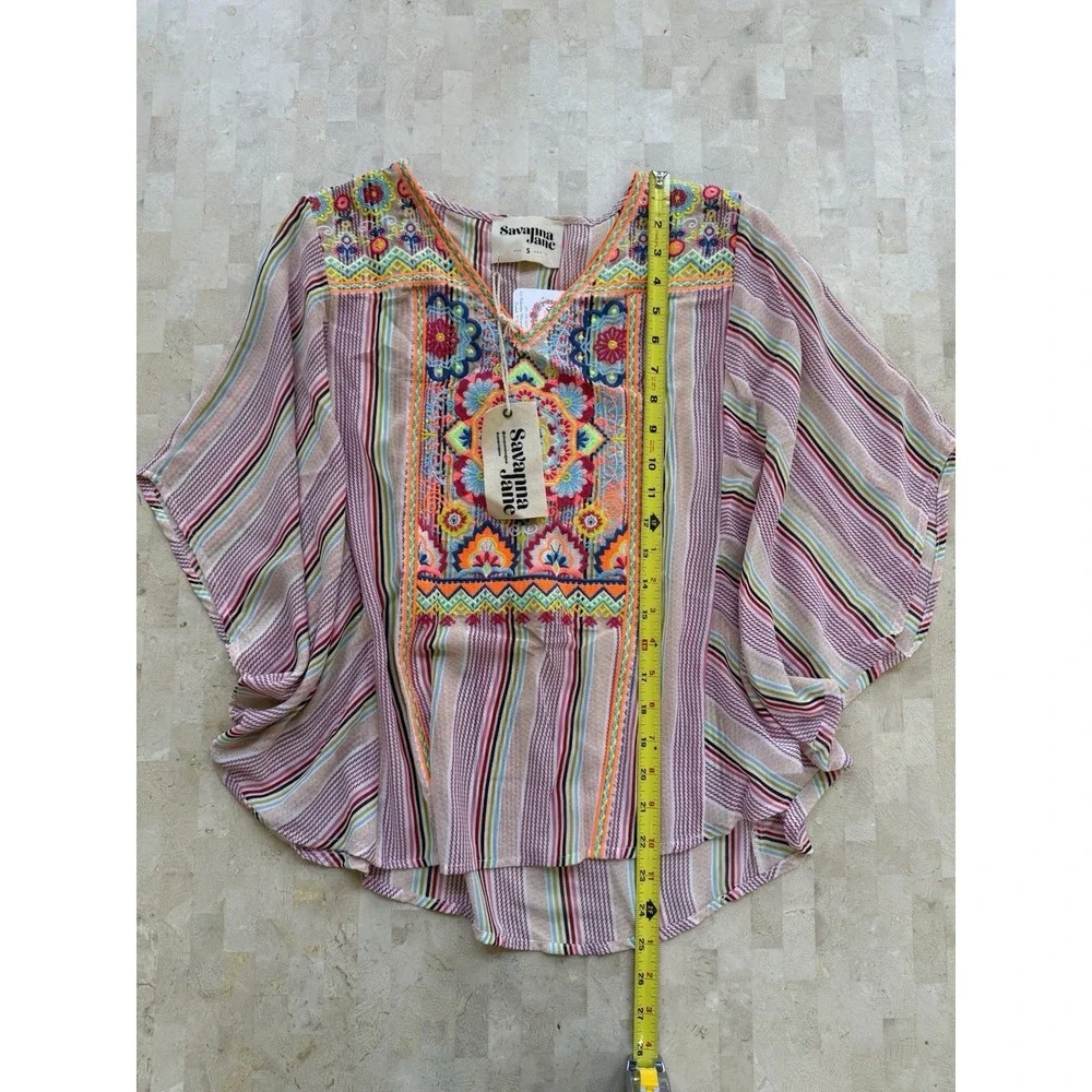 Savanna Jane NWT Stripe Floral Embroidered Flowy Top S Colorful Boho Poncho - Picture 2 of 7